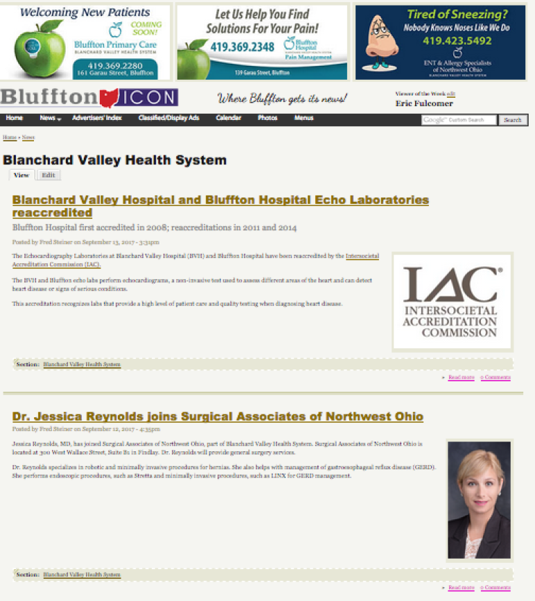 The Icons introduce Blanchard Valley Health System page The Bluffton Icon