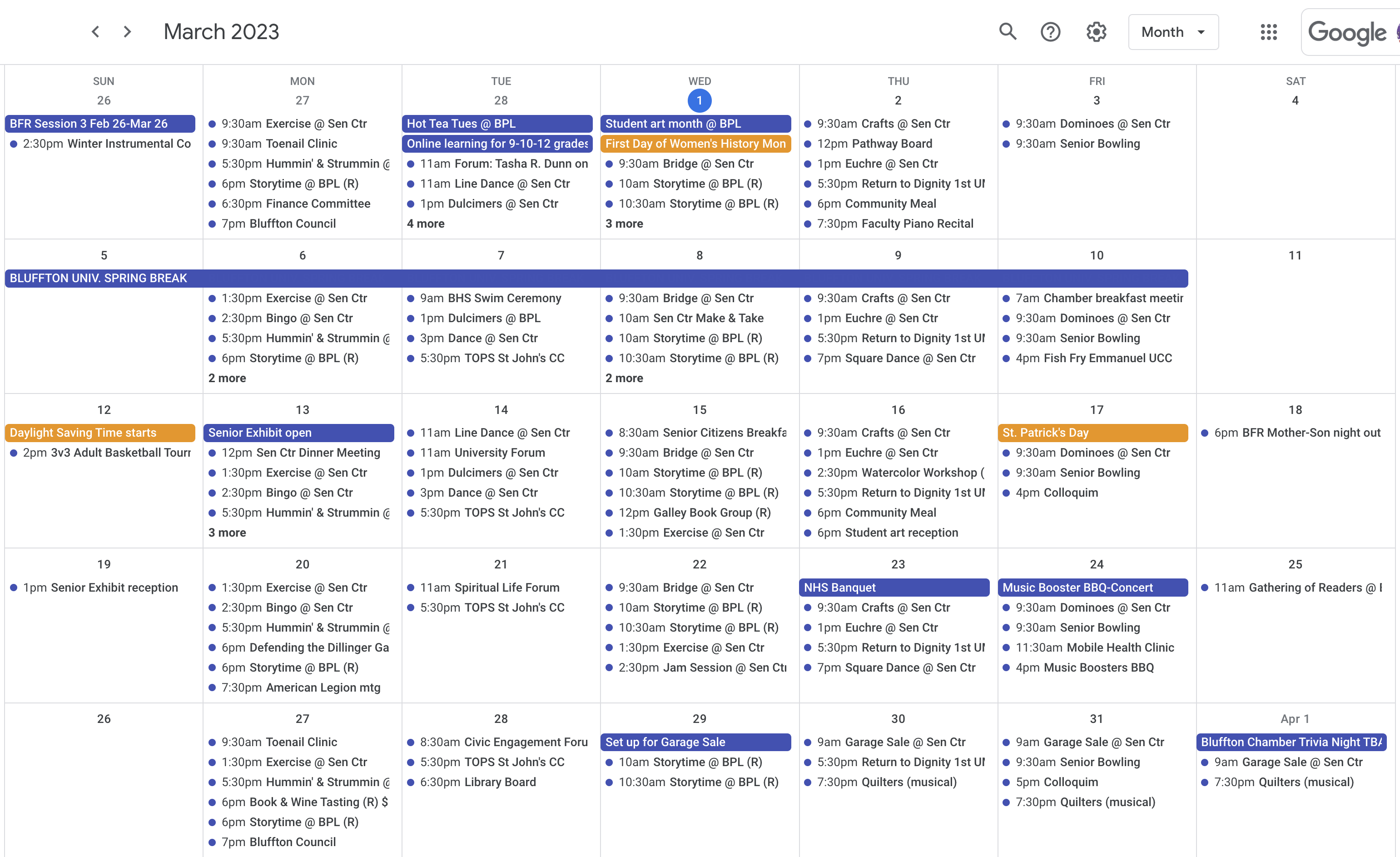 March 2023 Community Calendar | Bluffton Icon