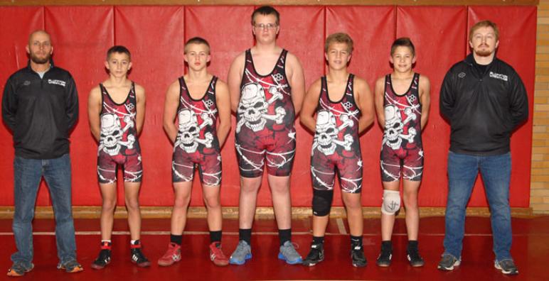 Junior high wrestling Row 1 (left to right): Head Coach Travis Kleman, Thayne Kleman, Mason Davis, Ty Amstutz, Preston Culver, Kyle Basil, Coach Jacob Garmatter