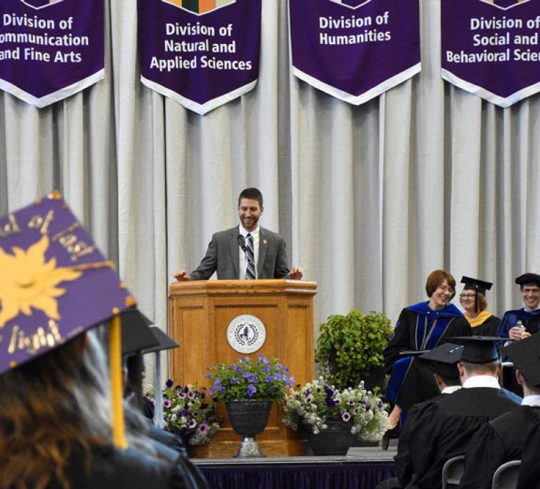 Riordan McClain ’06, a member of the Ohio House of Representatives serving the 87th district, presented the 2019 Commencement address. He challenged students to answer the question “Who am I?”