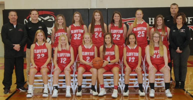 Girls' JV Basketball - Row 1 (left to right): Sophie Bricker, Reagan Mittendorf, Haelyn Bischoff, Riley Busch, Riley Eachus, Delaney Maple. - Row 2 (left to right): Coach Garmatter, Coach Dunlap, Kendal Giesige, Addie Businger, Julia Mehaffie, Sami Scoles, Alaina Grothause, Jasi Crawfis, Coach Gleason, Coach Lee.