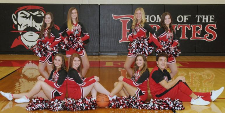 Varsity Cheerleaders - Row 1 (left to right): Hannah-Grace Perry, Kaitlynn Rieman, Sidnie Koontz, Nephi Peralta. - Row 2 (left to right): Jenna Goodman, Maeve Donaldson, Clara Matthews, Jessica Goodman.