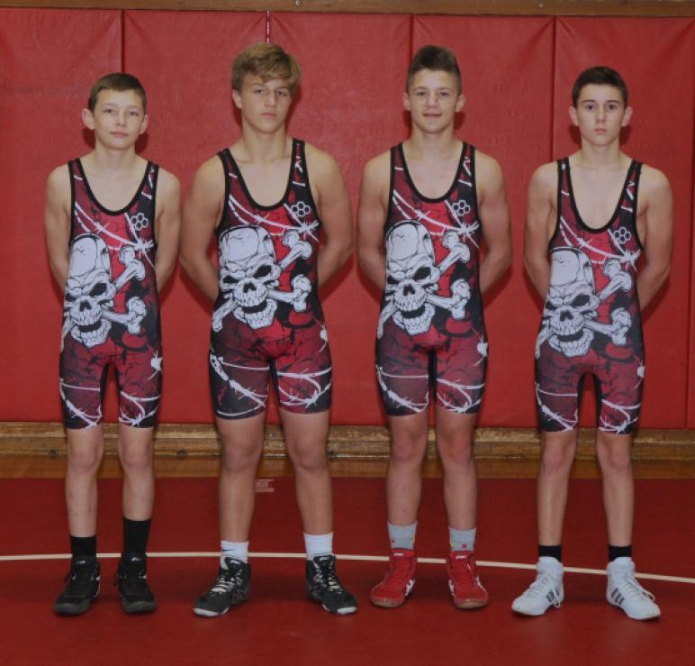 Junior high wrestling team – Row 1 (left to right): Ethan Ansley, Preston Culver, Kyle Basil, Jett Blackburn.
