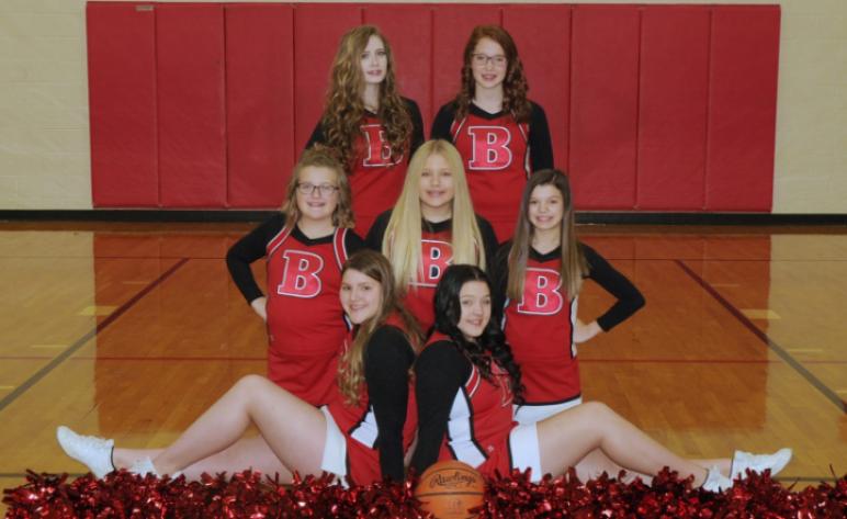 Junior high cheerleaders – Row 1 (left to right): Cora Koontz and Kaylee Kindle • Row 2 (left to right): Ryleigh Rex, Marley Kindle, Kaelyn Hart • Row 3 (left to right): Addie Gearing, Shylee Kaufman.