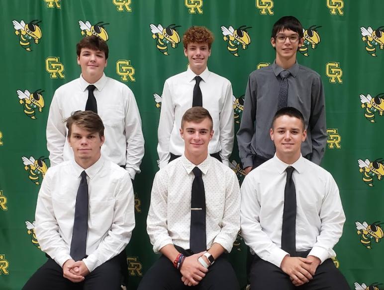 2021 CRHS Homecoming Court Boys, back row, left to right: Ashton Montgomery (Freshman Escort), Wilson Garmatter (Sophomore Escort), Brandon Stuckey (Junior Escort). Front Row, left to right (all seniors and King candidates): Hunter Stauffer, Jacob Thompson, Jacob Warnimont.