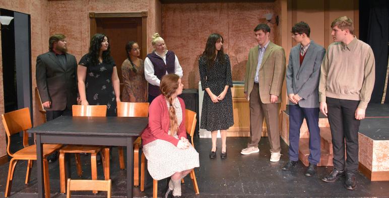 The helpers sheltering the Frank and Van Daan families ask to bring another Jewish man into the Annex, even though it means more people in small quarters to share limited resources. Featured are Hunter McCafferty, Audrey Hazelton, Adrianny Ruiz Suarez, Payton Stephens, Abby Bush, Jenna Juarez, Joseph Earl, Carter Ritchey and Noah Heiing / PHOTO Bluffton University