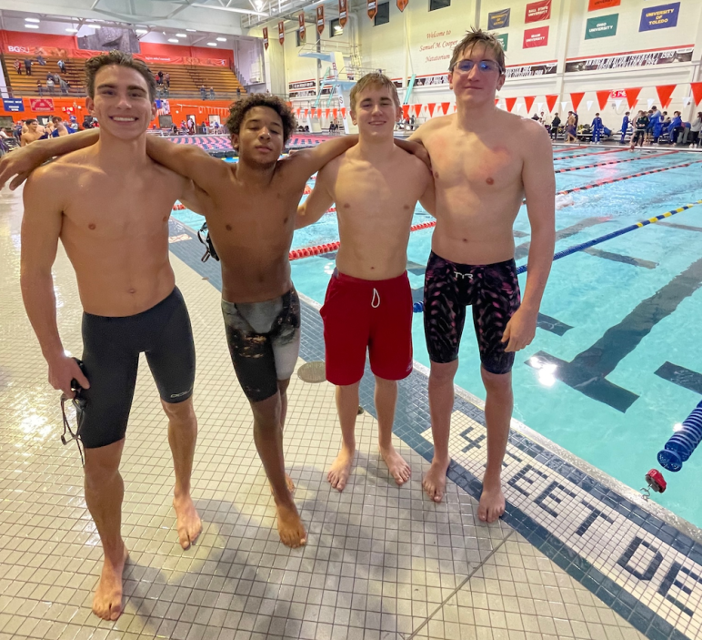 200 medley relay, boys; L-R) Armstrong, Wright, Bowlus, Verb