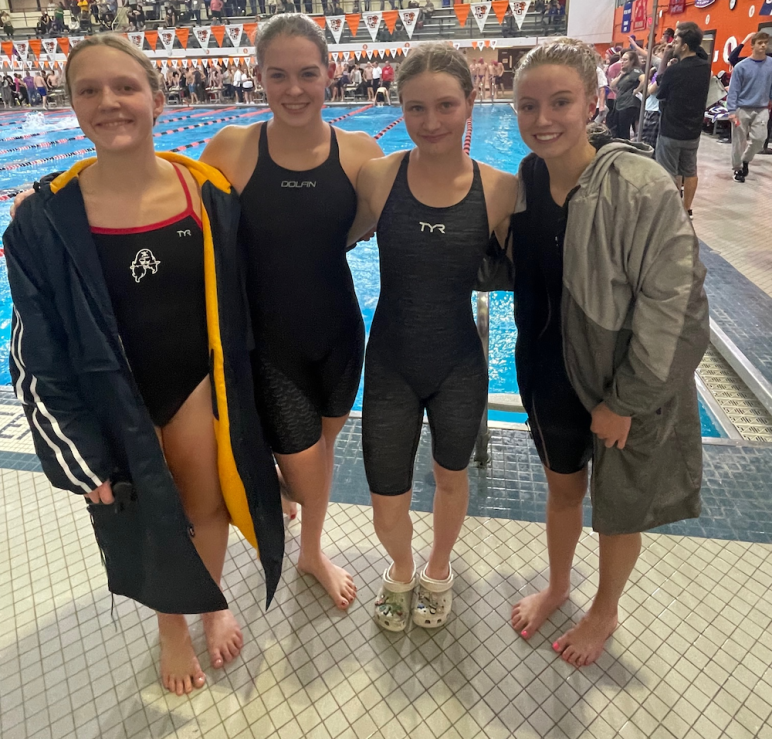 200 medley relay, girls; L-R) Downey, Stechschulte, Essinger, Diller