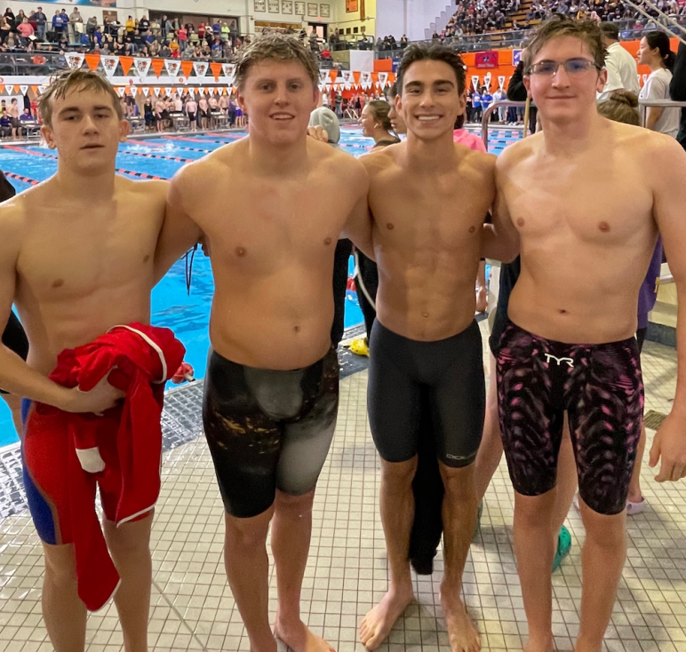 400 freestyle relay, boys; L-R) Bowlus, Diller, Armstrong and Verb