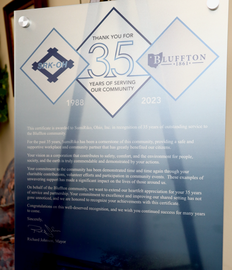 Commemorative plaque presented to SumiRiko Ohio by the Village of Bluffton