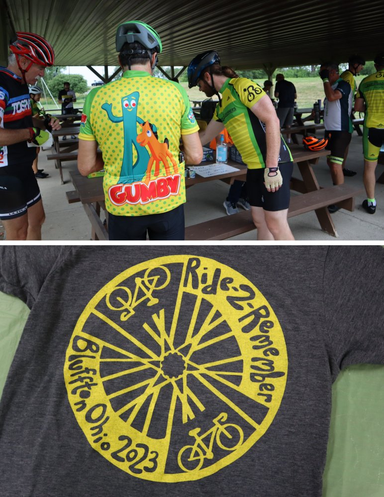 Riders at the Gilboa rest stop; 2023 Ride to Remember t-shirt design
