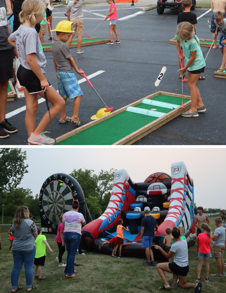 Top) Mini-golf courtesy of M&R Plumbing & Heating. Below) Inflatable basketball toss.