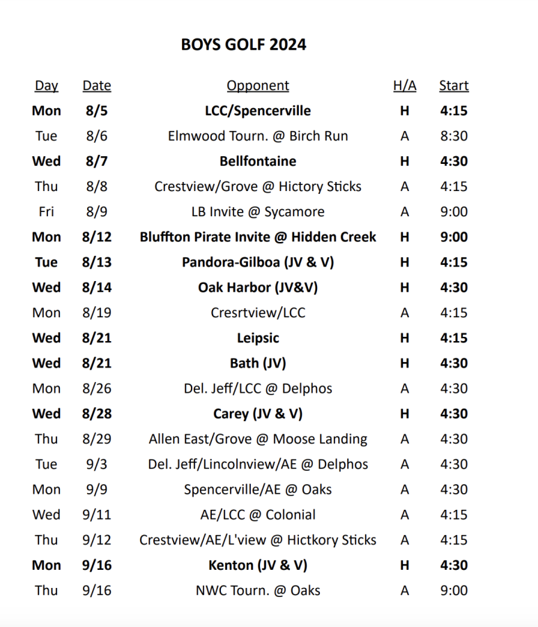 2024 BHS boys golf schedule