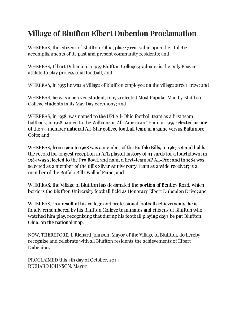 Dubenion proclamation by the Village of Bluffton