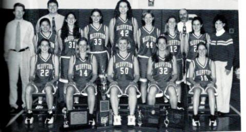 Bluffton HS 1999-2000 girls' state runner-up basketball team. Members of the team, front from left, Abbie Fett, Abbey Schaaf, Caity Matter, Tara Buroker, Rachel Holt. Standing from left, Dennis Lee, head coach, Pat Prichard, JV coach, Carmen Wong, Mollie McCullough, Lauren Potts, Kelly Worthington, Ann Bixel, Jennifer Romey, Jim Raabe, athletic director, Ashley August and Cindy Lee, assistant coach.