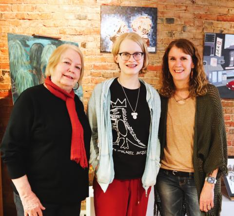 Karen Luginbuhl of Gallery 323 with artist Sabina Clingerman and BHS art teacher Vickie Garmon