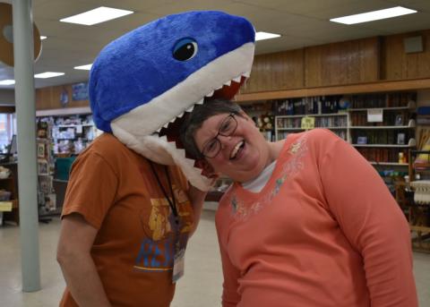 Sharkbrarian Kelli Foster visited Tonya Meyer at the Senior Center