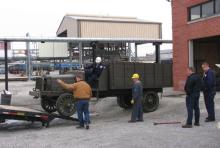 Unloading the Allen County Museum's 1918 Gramm Bernstein Liberty truck at the Lima Refinery restoration is underway.