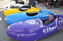 A rider in one of the velomobiles that passed through Bluffton on Aug. 20