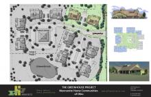 The long-term site plan for MHCO's Green House project as developed by PH7 Architects, Columbus. The two houses surrounded in green are the initial houses planned for the project.