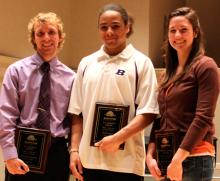 Taking home honors from the April 17 Athletics Awards Forum at Bluffton University were (left to right) Andrew Chaffee, Todd Trotter and Jenna Eshleman.