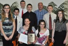 Front from left: Katie Frazier, Sara Bertka, Elizabeth Nisly, Brielle Hamilton. Middle from left,  Jared Metzger, Misha Groman, Joel Siefker. Back from left, Sam Crisp, Dave Bracy, science teacher.