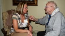 Jackie Short chats with Leo Bowsher, Richland Manor resident